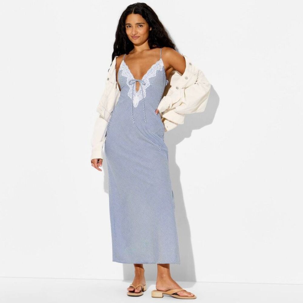 Women's Lace Trim Maxi Empire Waist Dress - Wild Fable Blue Striped XXS